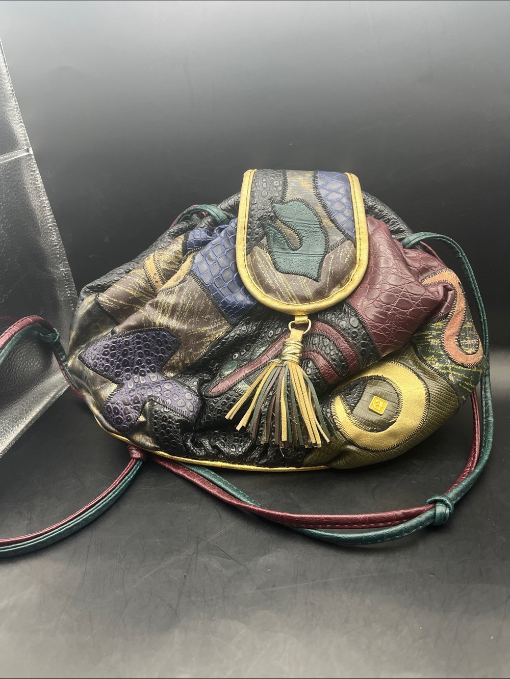 80s vintage Alentino NAS patchwork handbag Leather Shoulder Bag w. Purse Tassel